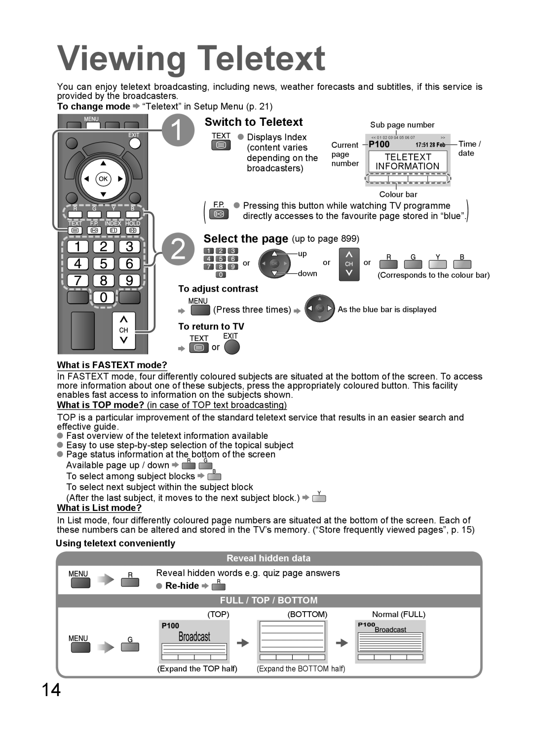 Panasonic TH-L32C10X, TH-L32C12K manual Viewing Teletext, Switch to Teletext, Select the page up to, Reveal hidden data 