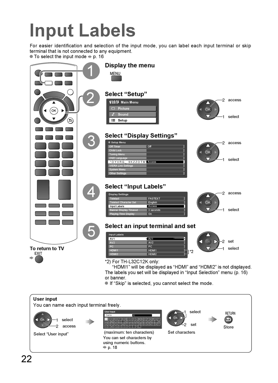 Panasonic TH-L32C12K, TH-L32C10X manual Display the menu Select Setup, Select Display Settings, Select Input Labels 