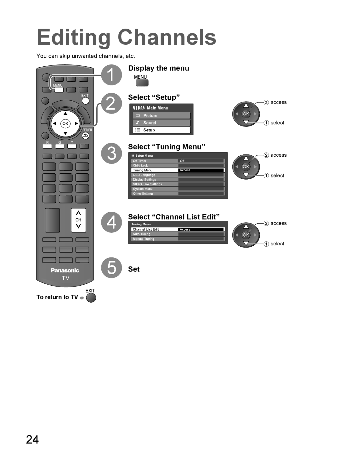 Panasonic TH-L32C10R, TH-L32C10X, TH-L32C12K, TH-L32C10M Editing Channels, Select Tuning Menu, Select Channel List Edit, Set 