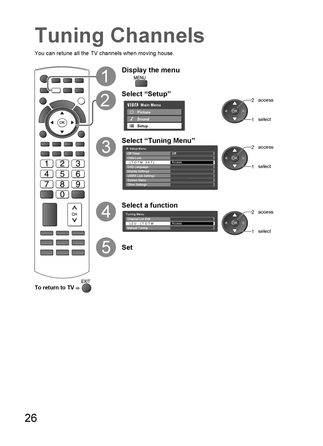 Panasonic TH-L32C10S, TH-L32C10X, TH-L32C12K, TH-L32C10M, TH-L32C10R Tuning Channels, Select Tuning Menu, Select a function 