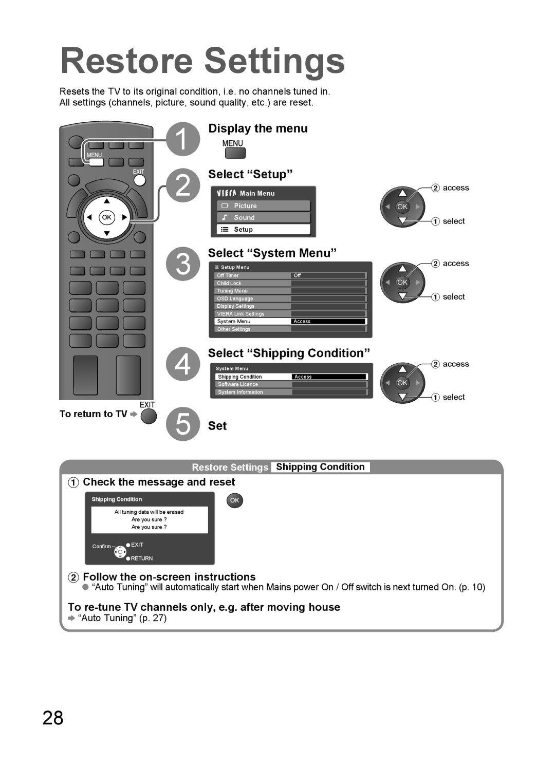 Panasonic TH-L32C10X, TH-L32C12K, TH-L32C10M, TH-L32C10R Restore Settings, Select System Menu, Select Shipping Condition 