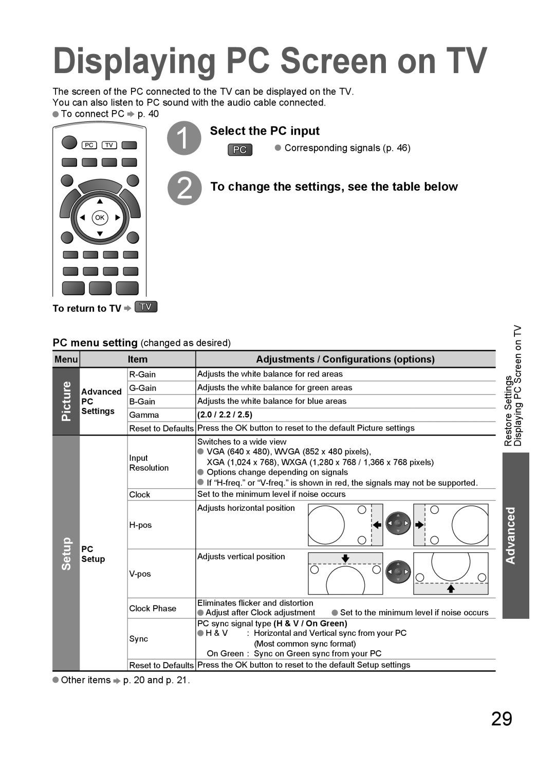 Panasonic TH-L32C12K, TH-L32C10X, TH-L32C10M manual Select the PC input, To change the settings, see the table below, Setup 