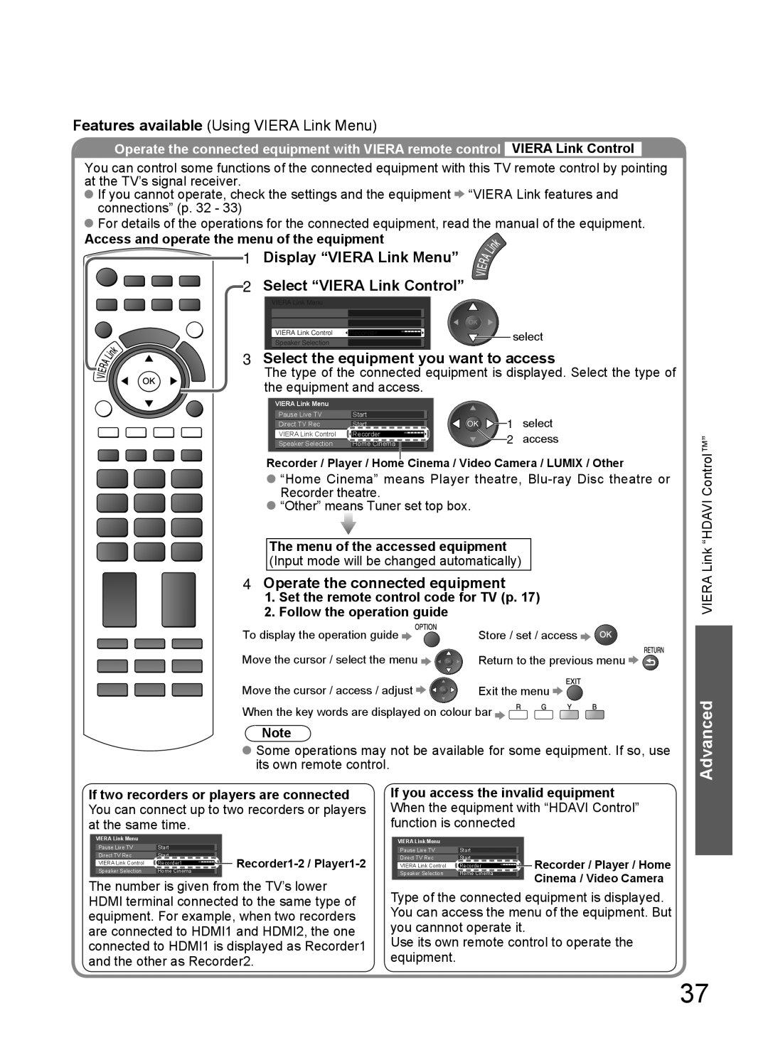 Panasonic TH-L32C10M manual Display Viera Link Menu Select Viera Link Control, Select the equipment you want to access 