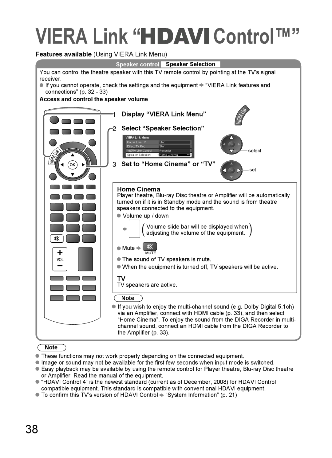 Panasonic TH-L32C10R, TH-L32C10X, TH-L32C12K Display Viera Link Menu Select Speaker Selection, Set to Home Cinema or TV 