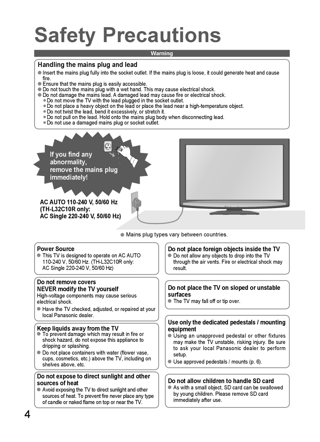 Panasonic TH-L32C10K, TH-L32C10X, TH-L32C12K, TH-L32C10M, TH-L32C10R Safety Precautions, Handling the mains plug and lead 