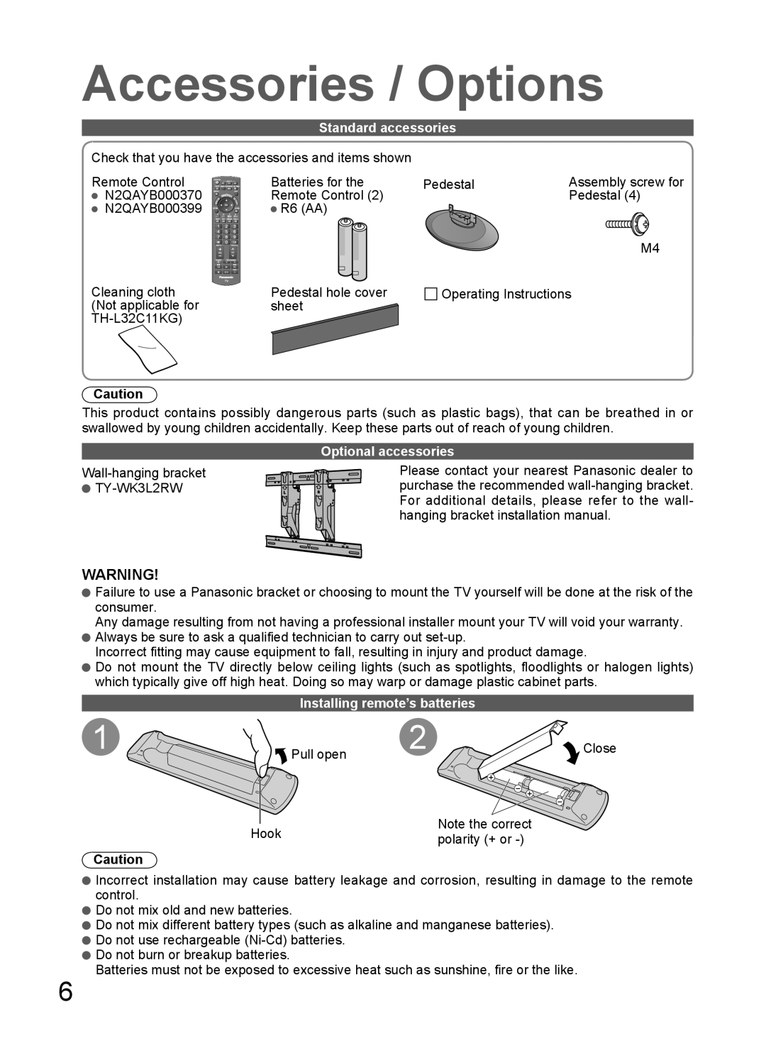 Panasonic TH-L32C10X manual Accessories / Options, Standard accessories, Not applicable for Sheet TH-L32C11KG Pedestal 