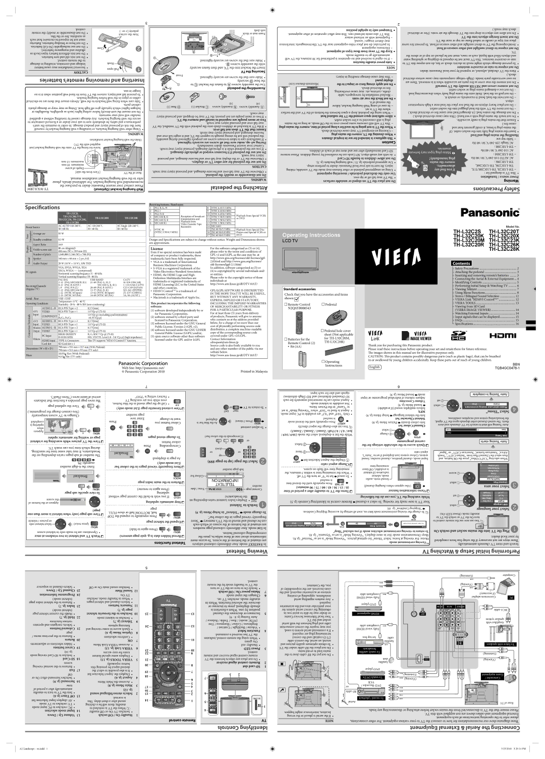 Panasonic TH-L32C26K, TH-L32C2S, TH-L32C23K, TH-L32C20R, TH-L32C20M, TH-L32C20K/T/X dimensions Operating Instructions 