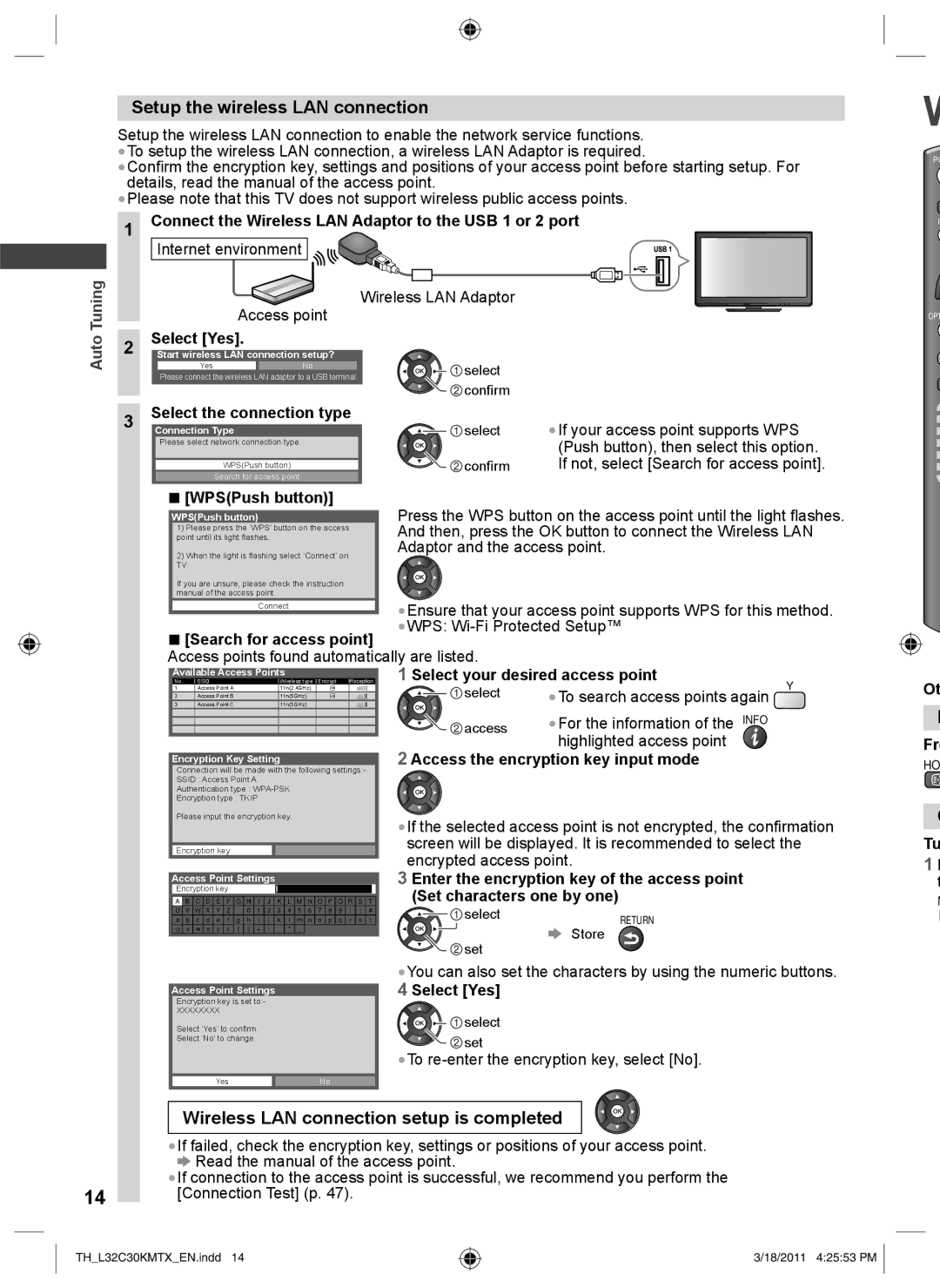 Panasonic TH-L32C30T, TH-L32C30K, TH-L32C30X Setup the wireless LAN connection, Wireless LAN connection setup is completed 