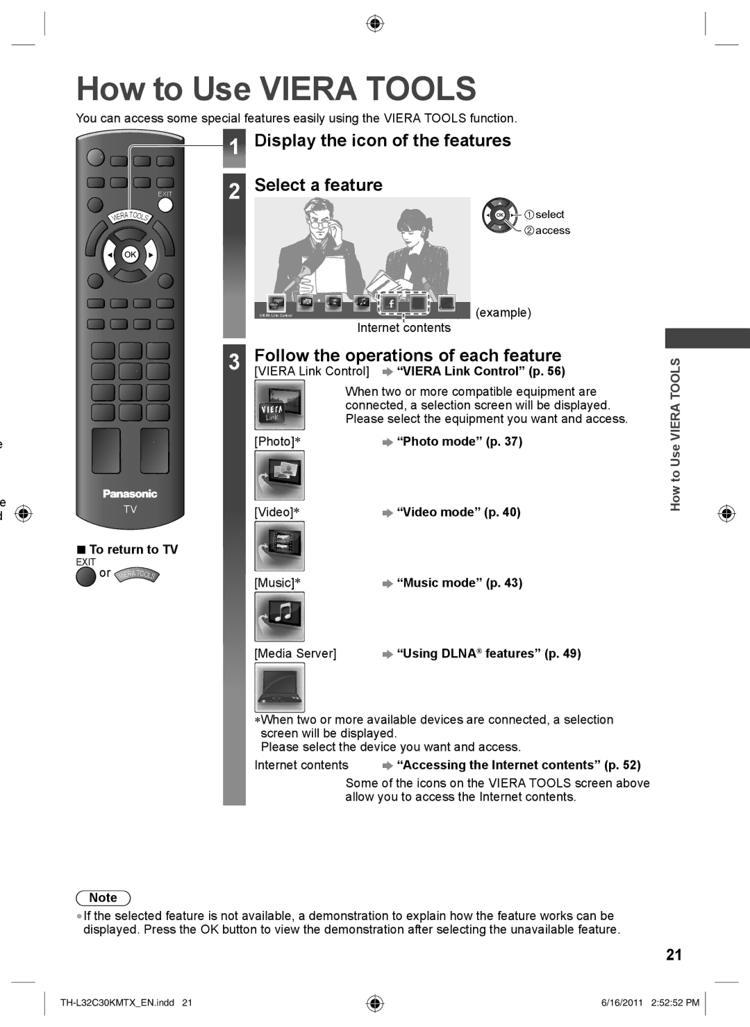 Panasonic TH-L32C30X, TH-L32C30K, TH-L32C30T How to Use Viera Tools, Display the icon of the features, Select a feature 