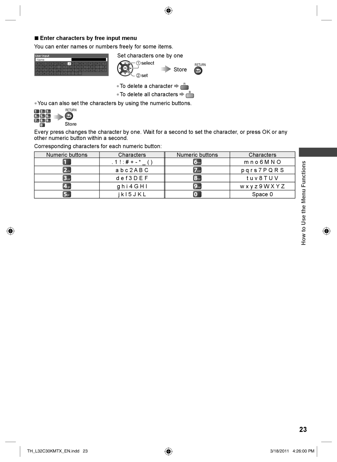 Panasonic TH-L32C30M, TH-L32C30K, TH-L32C30X, TH-L32C30T Enter characters by free input menu, How to Use the Menu Functions 