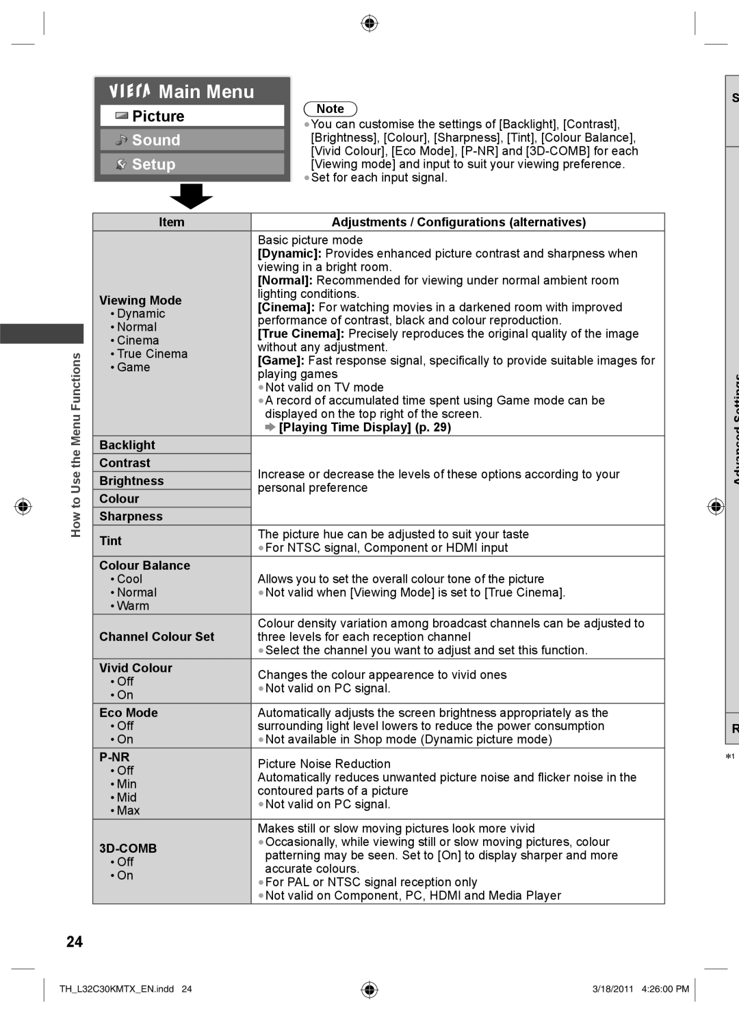 Panasonic TH-L32C30K Adjustments / Configurations alternatives, Viewing Mode, Playing Time Display p, Backlight Contrast 