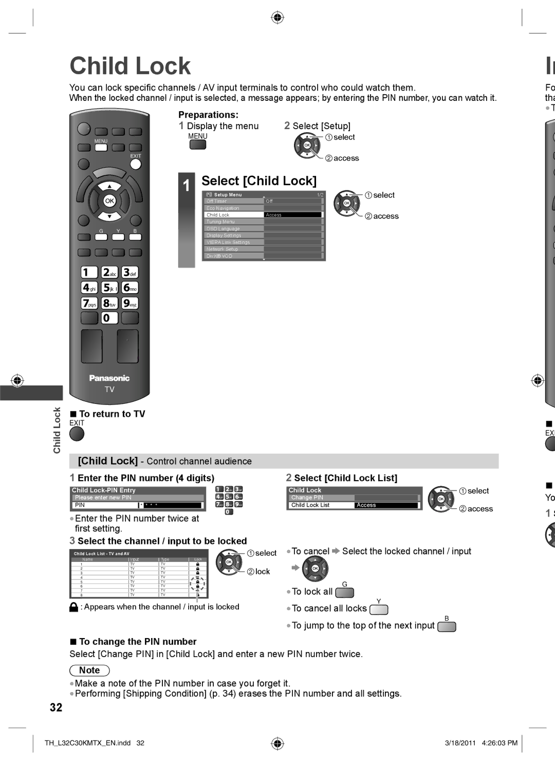 Panasonic TH-L32C30K, TH-L32C30X, TH-L32C30T, TH-L32C30M operating instructions Select Child Lock, Preparations 