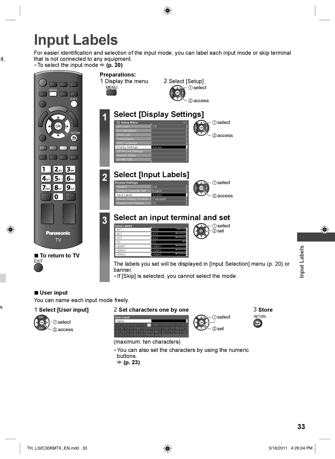 Panasonic TH-L32C30X, TH-L32C30K Select Display Settings, Select Input Labels, Select an input terminal and set 