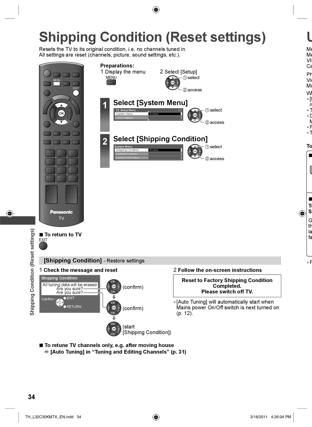 Panasonic TH-L32C30T, TH-L32C30K Shipping Condition Reset settings, Select System Menu, Select Shipping Condition 