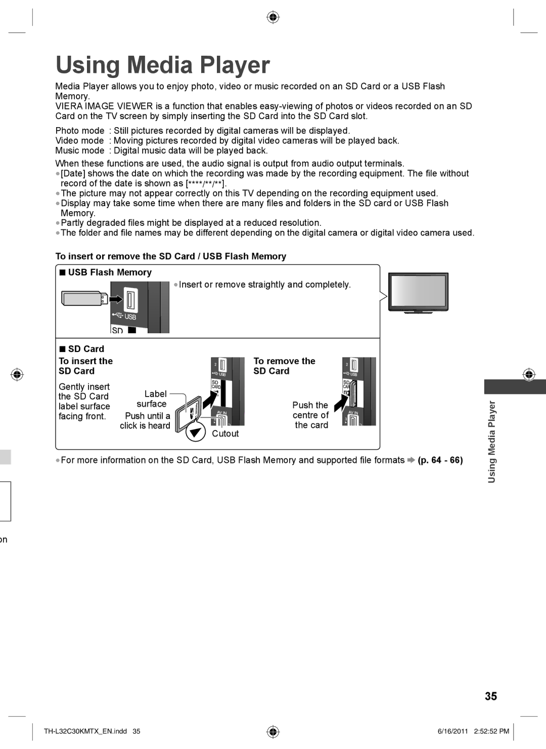 Panasonic TH-L32C30M Using Media Player, To insert or remove the SD Card / USB Flash Memory, SD Card To insert To remove 