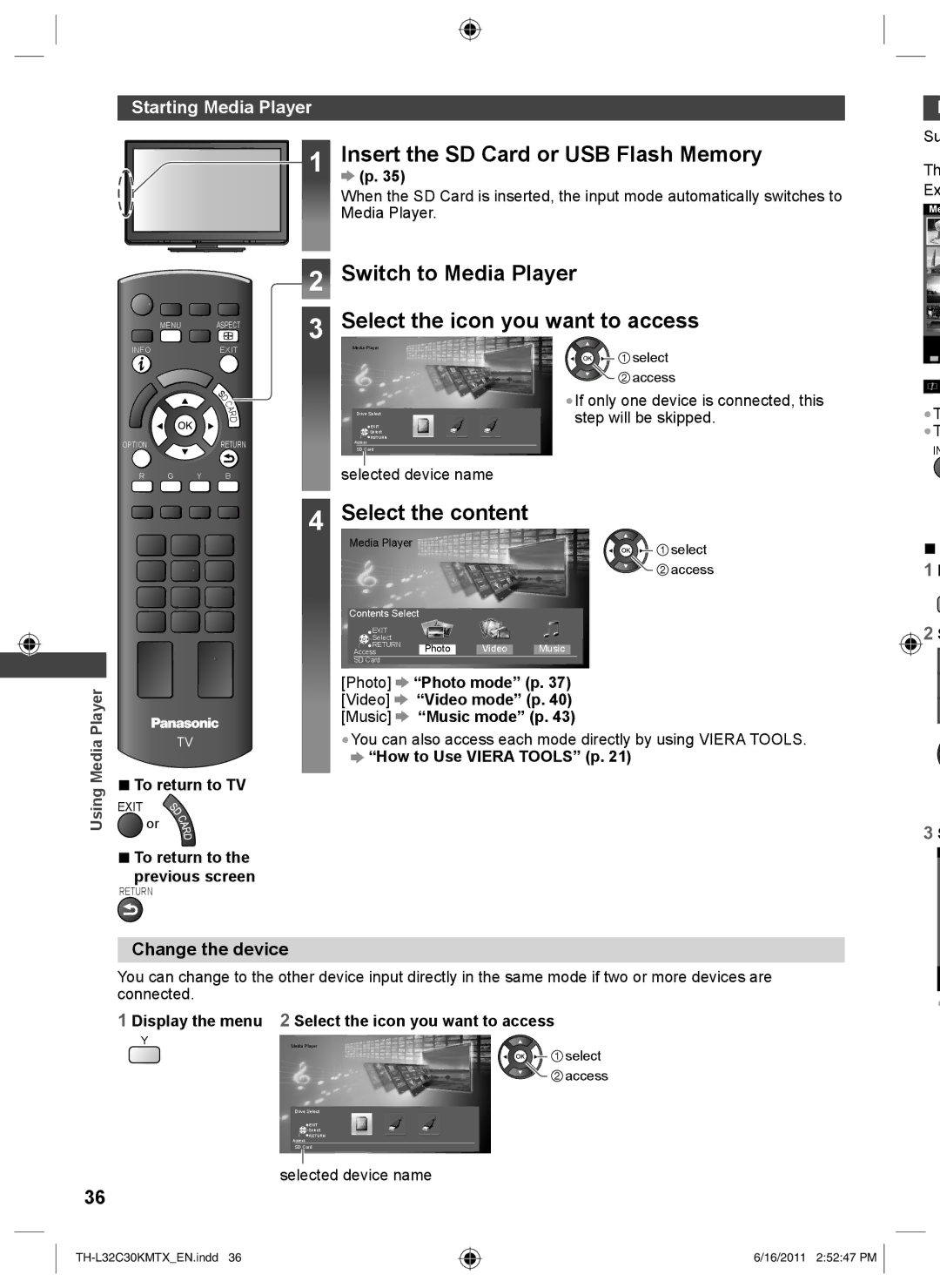 Panasonic TH-L32C30K Insert the SD Card or USB Flash Memory, Switch to Media Player Select the icon you want to access 