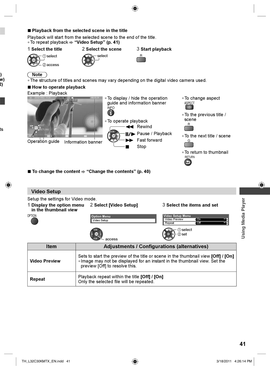 Panasonic TH-L32C30X, TH-L32C30K, TH-L32C30T, TH-L32C30M operating instructions Video Setup 