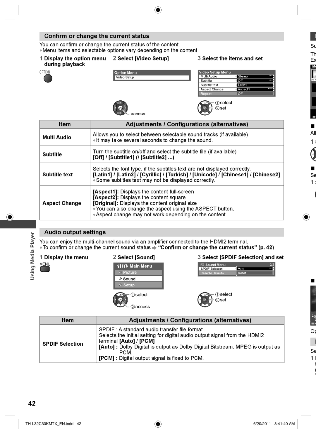 Panasonic TH-L32C30T, TH-L32C30K, TH-L32C30X, TH-L32C30M Confirm or change the current status, Audio output settings, Player 