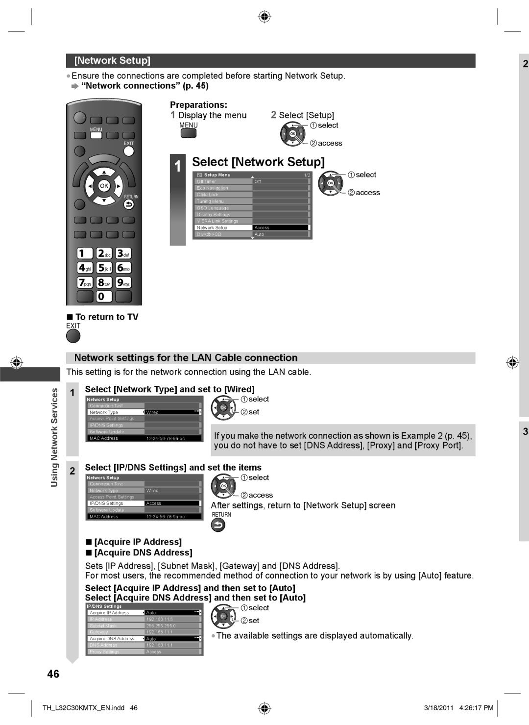 Panasonic TH-L32C30T, TH-L32C30K, TH-L32C30X, TH-L32C30M Select Network Setup, Network settings for the LAN Cable connection 