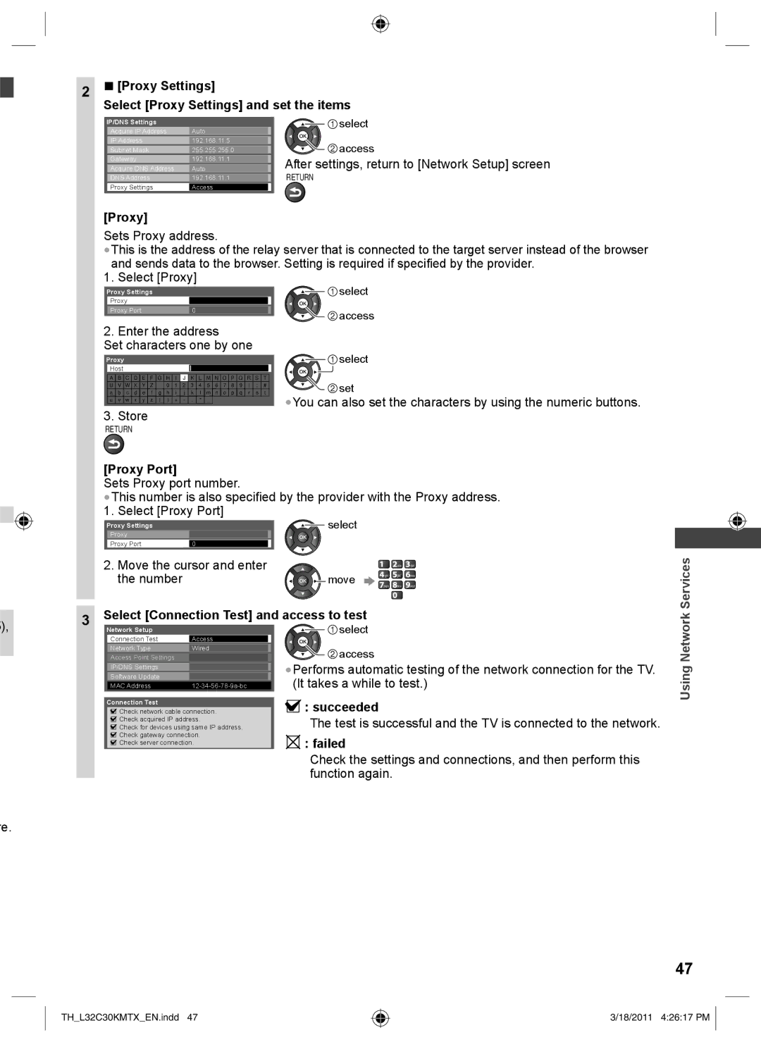 Panasonic TH-L32C30M, TH-L32C30K, TH-L32C30X Select Connection Test and access to test, Network, Succeeded, Failed 