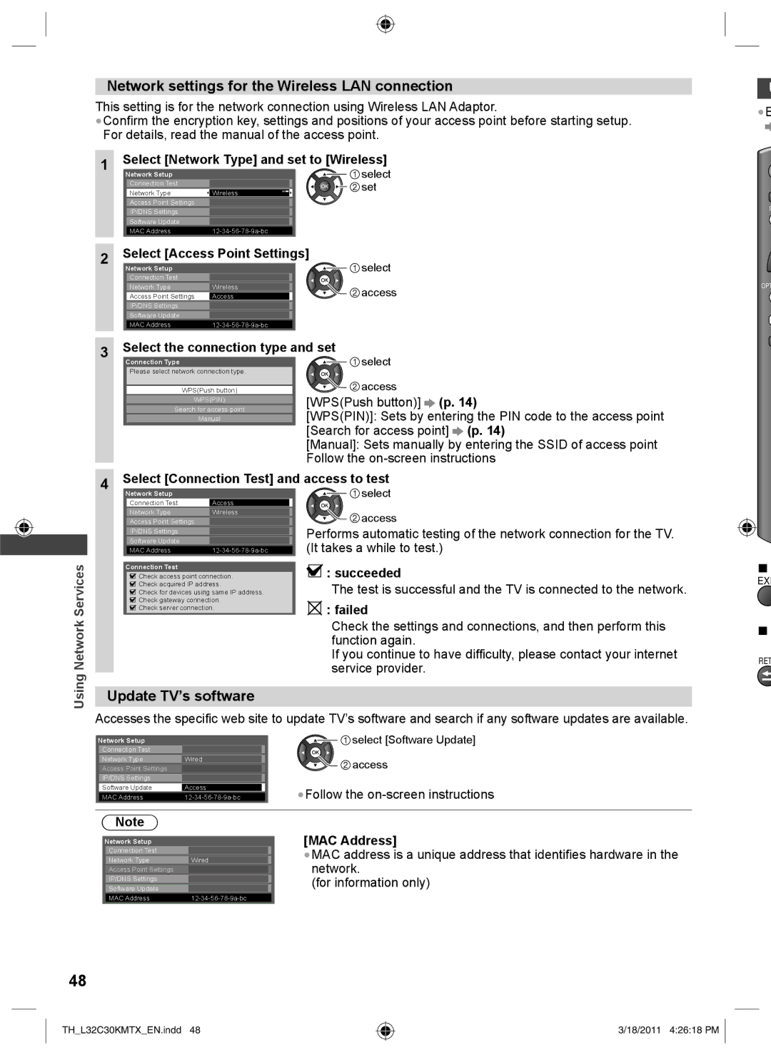 Panasonic TH-L32C30K Network settings for the Wireless LAN connection, Update TV’s software, Select Access Point Settings 