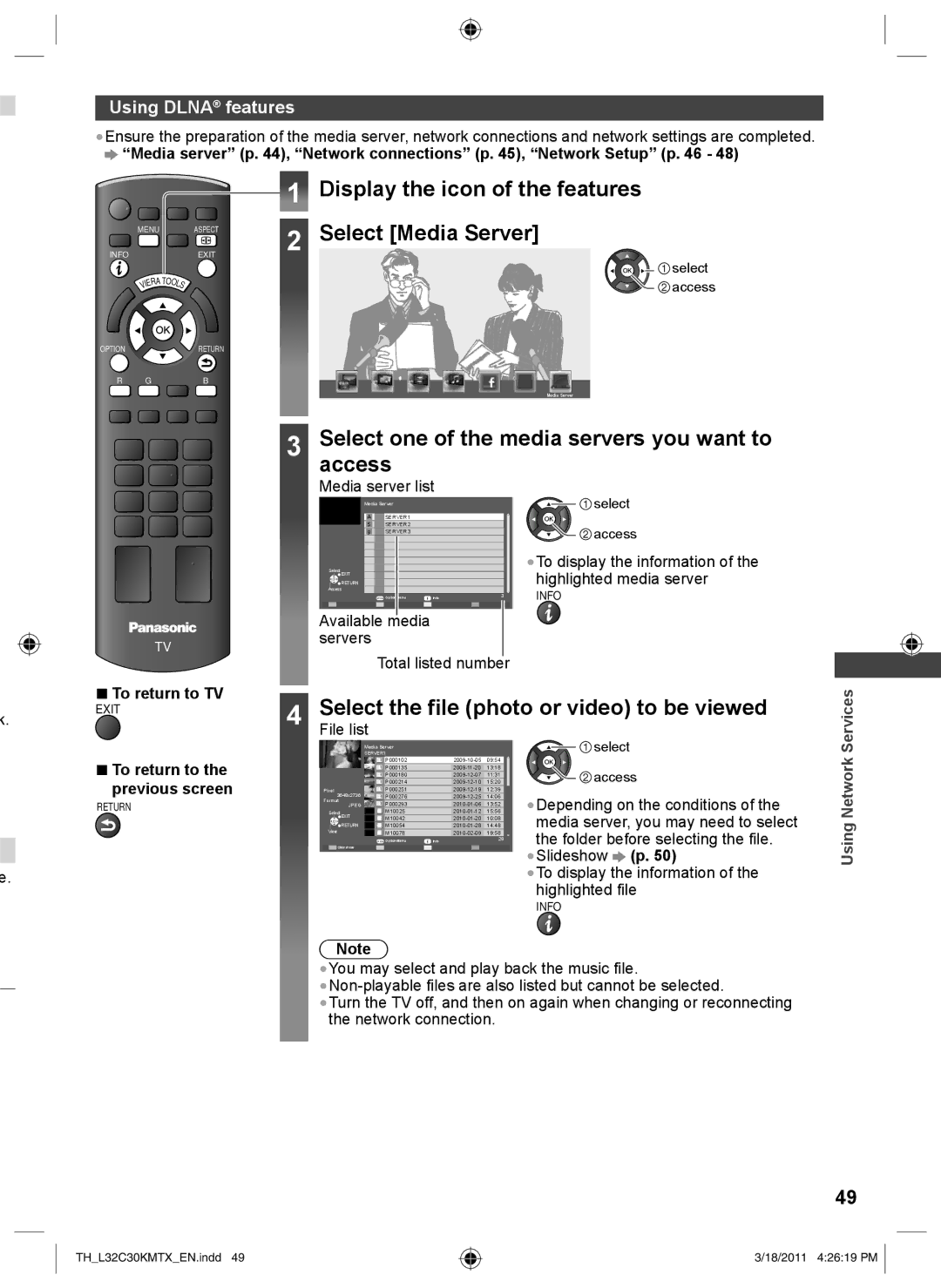 Panasonic TH-L32C30X, TH-L32C30K Display the icon of the features Select Media Server, Using Dlna features, Using Network 