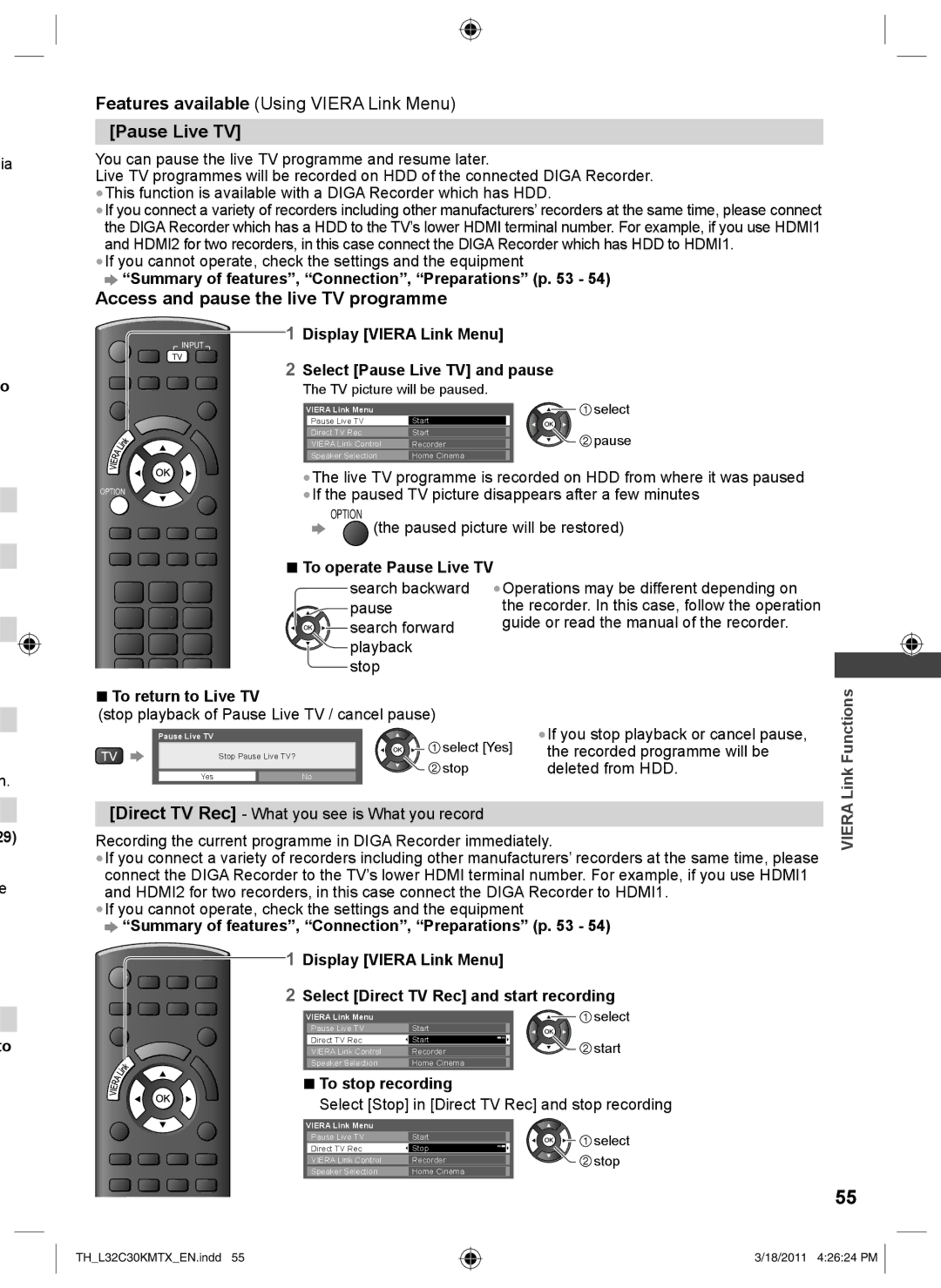 Panasonic TH-L32C30M, TH-L32C30K, TH-L32C30X Access and pause the live TV programme, Select Pause Live TV and pause 