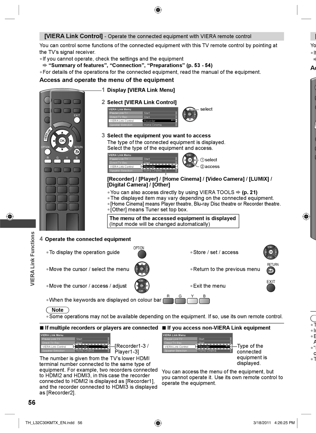 Panasonic TH-L32C30K Access and operate the menu of the equipment, Display Viera Link Menu Select Viera Link Control 