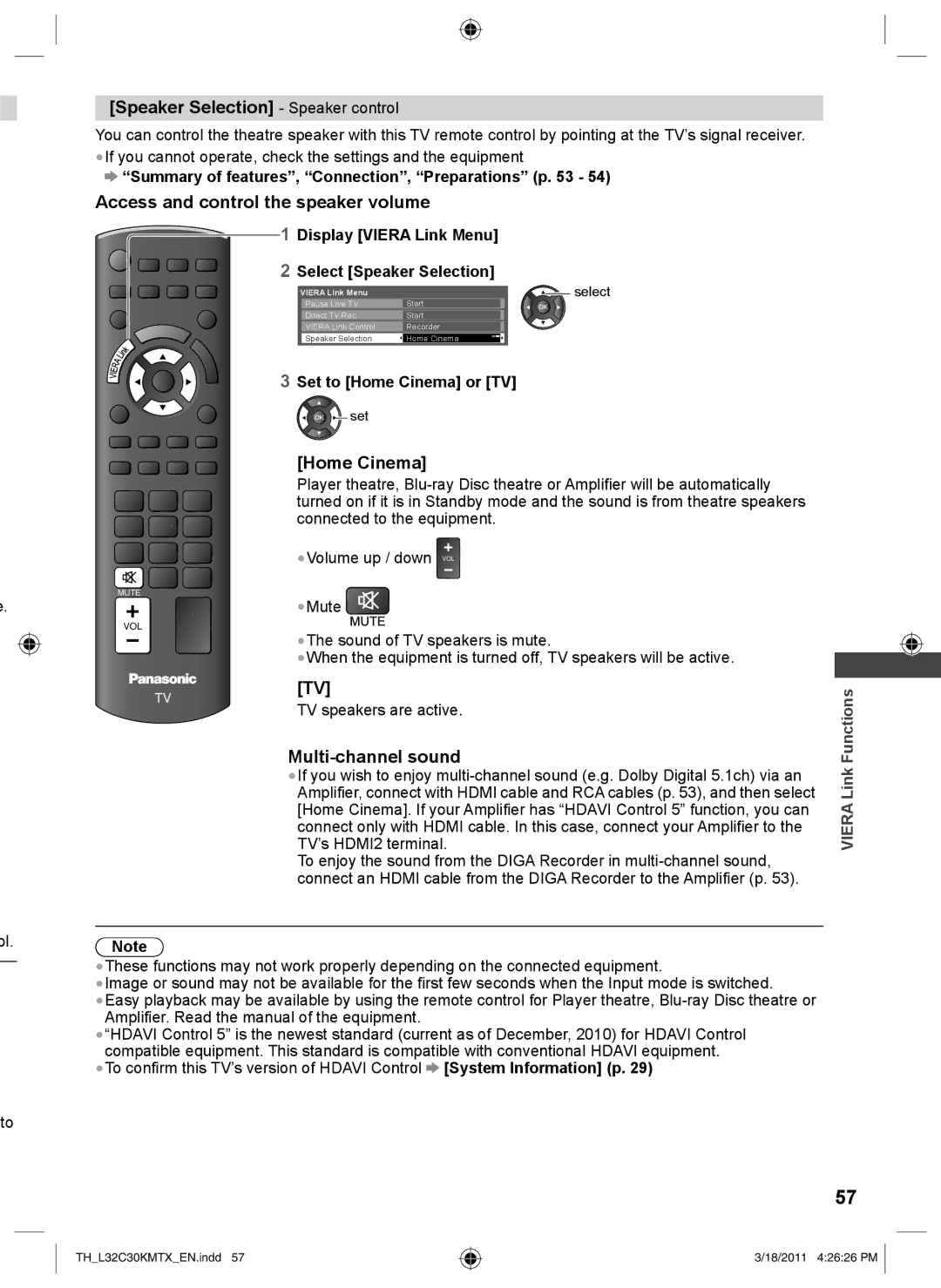 Panasonic TH-L32C30X, TH-L32C30K Speaker Selection Speaker control, Access and control the speaker volume, Home Cinema 