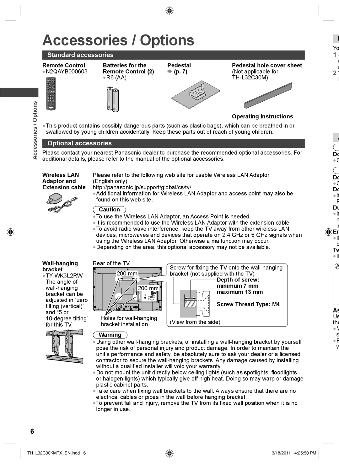 Panasonic TH-L32C30T, TH-L32C30K, TH-L32C30X, TH-L32C30M Accessories / Options, Standard accessories, Optional accessories 