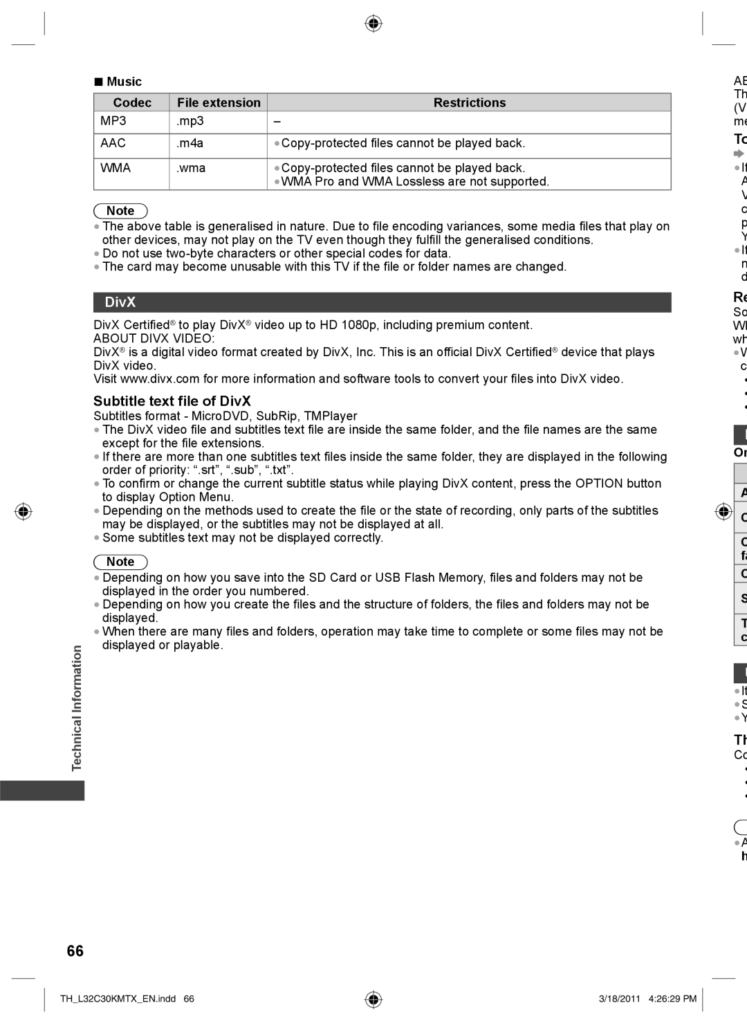 Panasonic TH-L32C30T, TH-L32C30K, TH-L32C30X, TH-L32C30M Subtitle text file of DivX, Music Codec, Restrictions 