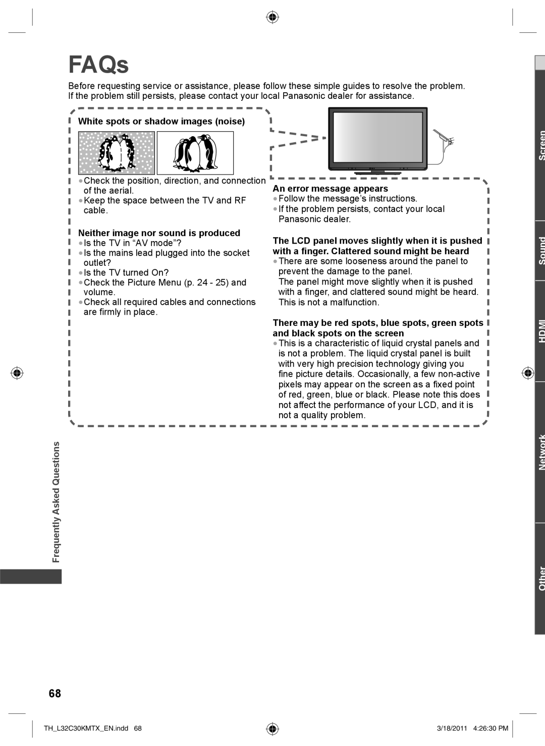 Panasonic TH-L32C30K, TH-L32C30X, TH-L32C30T, TH-L32C30M FAQs, Frequently Asked Questions, Screen Sound, Network Other 