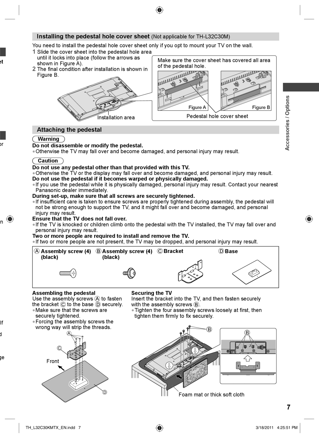 Panasonic TH-L32C30M, TH-L32C30K, TH-L32C30X, TH-L32C30T operating instructions Attaching the pedestal, Options 