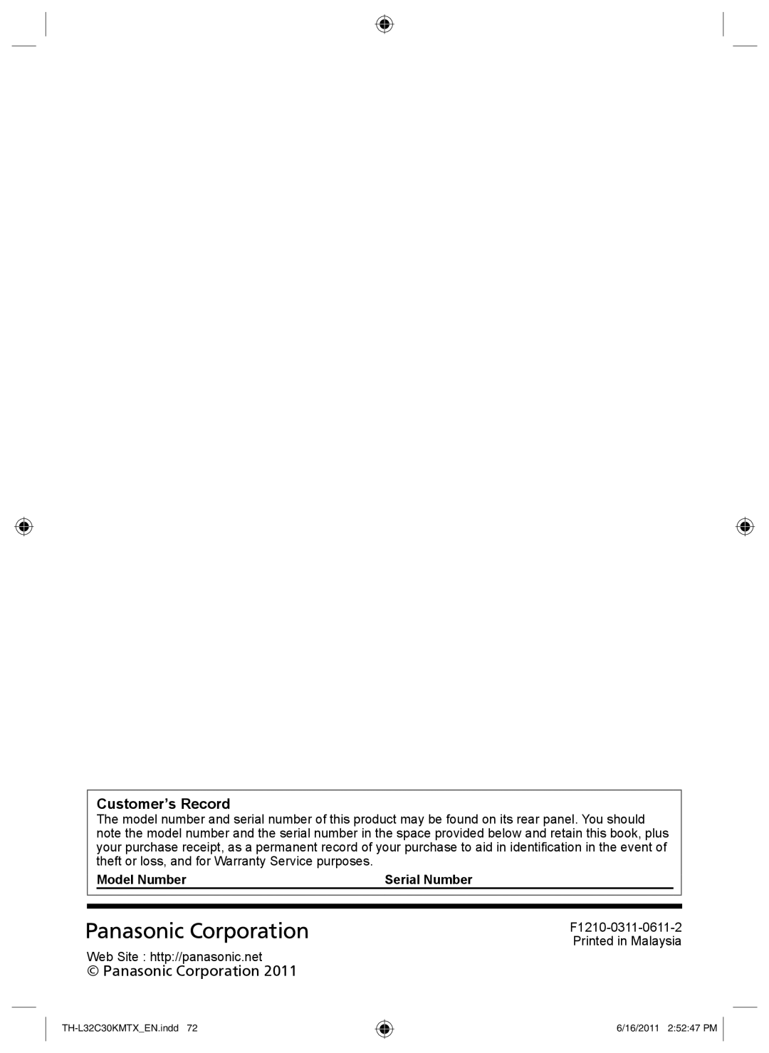 Panasonic TH-L32C30K, TH-L32C30X, TH-L32C30T, TH-L32C30M operating instructions Customer’s Record, Model Number Serial Number 