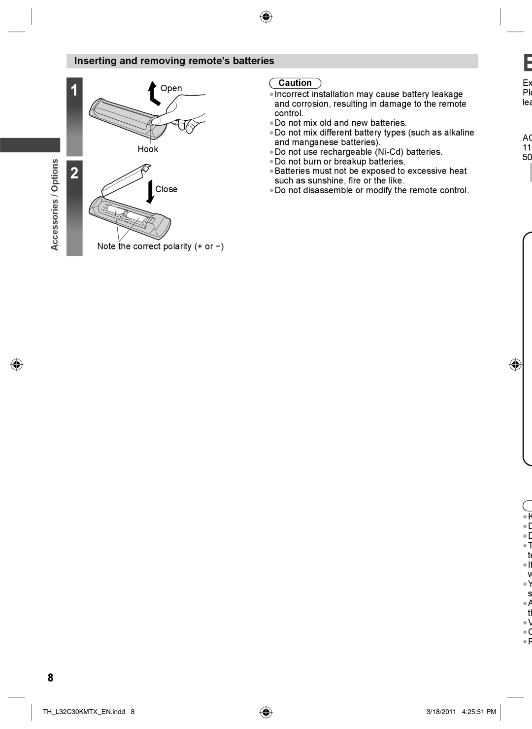 Panasonic TH-L32C30K, TH-L32C30X, TH-L32C30T, TH-L32C30M operating instructions Inserting and removing remote’s batteries 