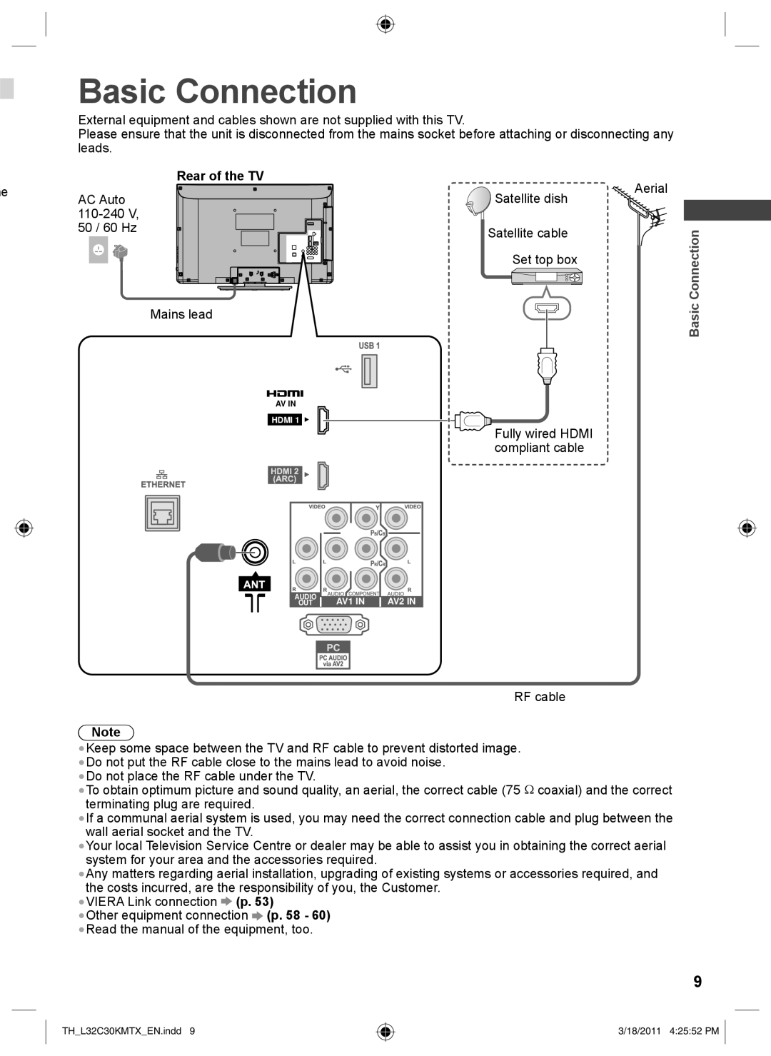 Panasonic TH-L32C30X, TH-L32C30K Basic Connection, Rear of the TV, AC Auto, Satellite dish Aerial 50 / 60 Hz Mains lead 