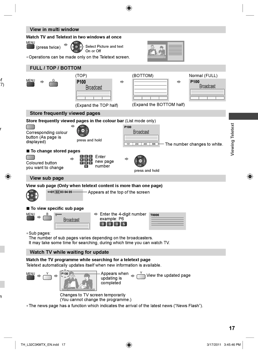 Panasonic TH-L32C3M View in multi window, Store frequently viewed pages, View sub, Watch TV while waiting for update 