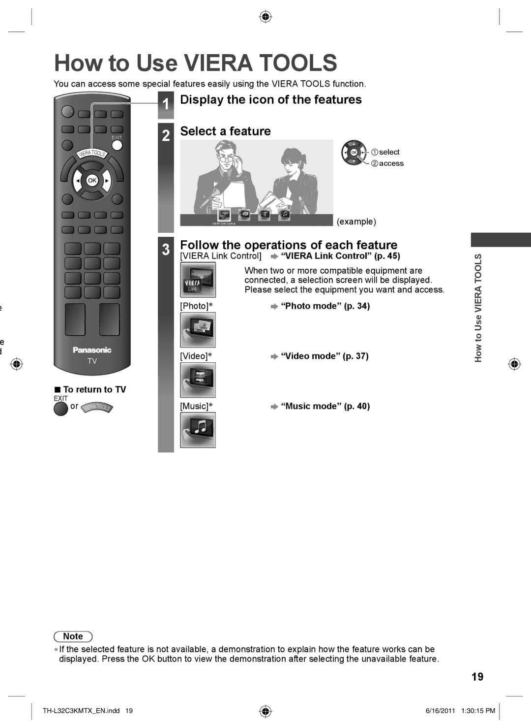 Panasonic TH-L32C3X, TH-L32C3K, TH-L32C3M How to Use Viera Tools, Display the icon of the features Select a feature 