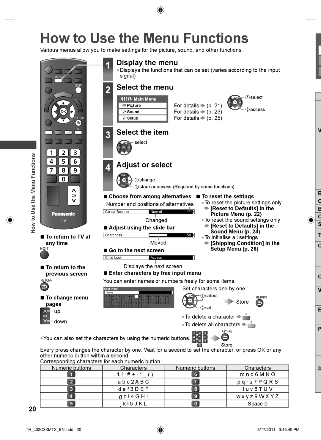 Panasonic TH-L32C3K How to Use the Menu Functions, Display the menu, Select the menu, Select the item, Adjust or select 