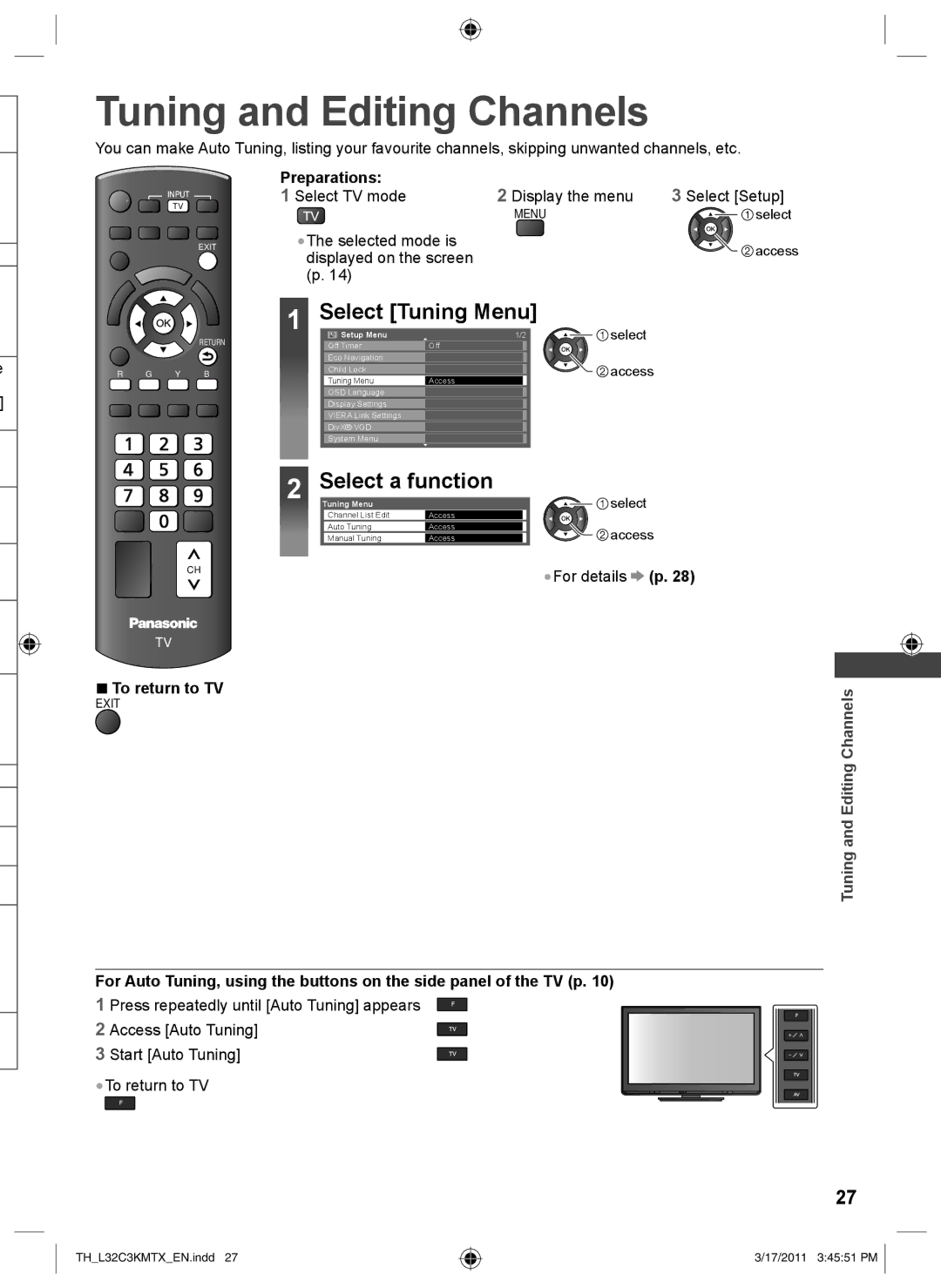 Panasonic TH-L32C3X, TH-L32C3K, TH-L32C3M Tuning and Editing Channels, Select a function, Preparations, For details p 