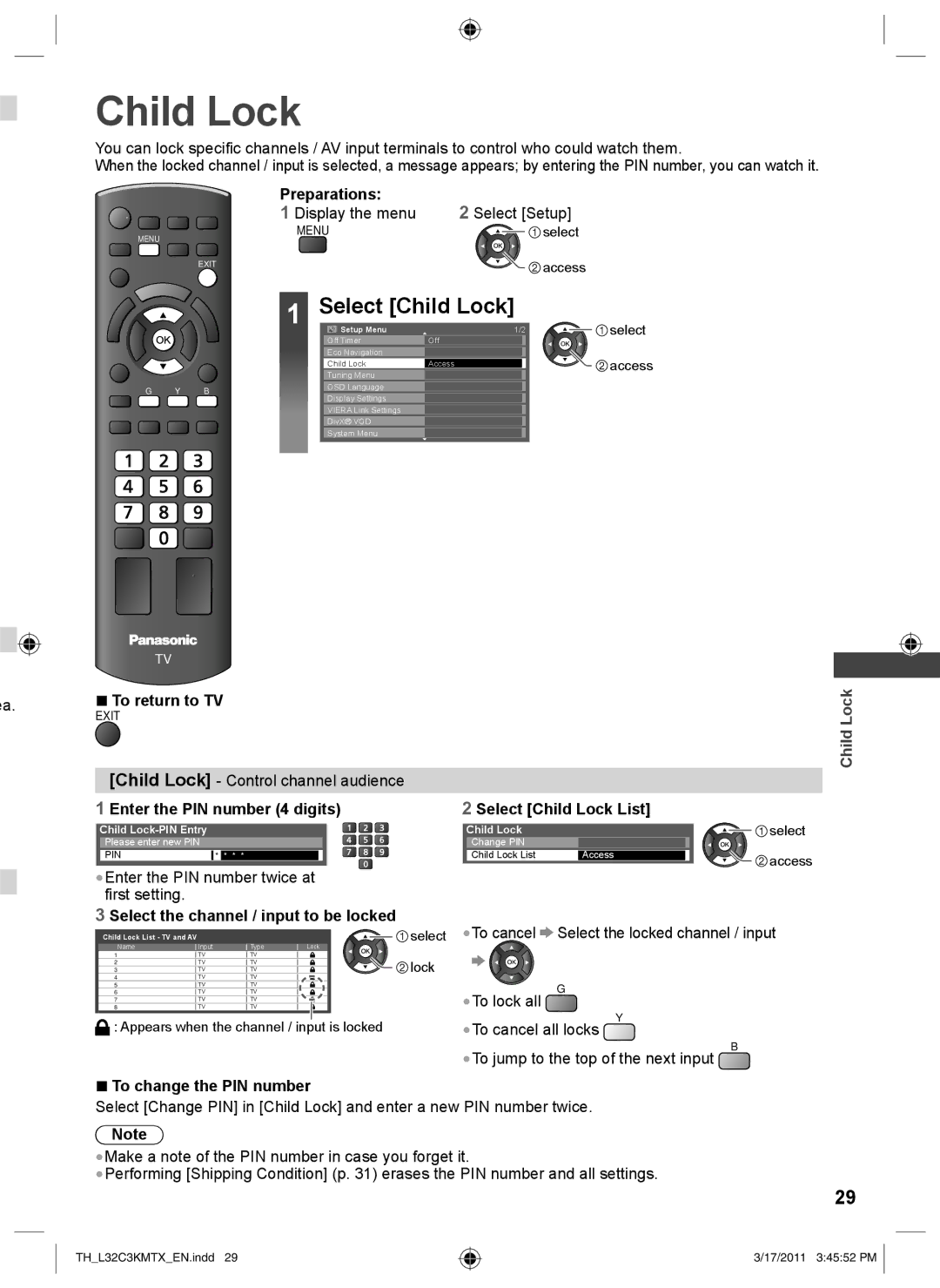 Panasonic TH-L32C3M, TH-L32C3K, TH-L32C3T, TH-L32C3X operating instructions Child Lock, Preparations 