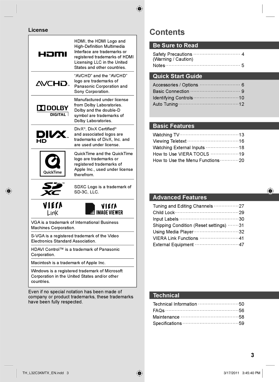 Panasonic TH-L32C3X, TH-L32C3K, TH-L32C3M, TH-L32C3T operating instructions Contents 