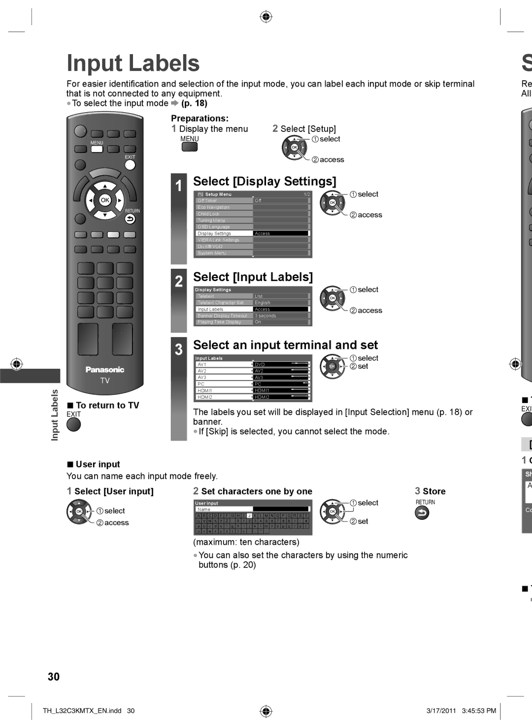 Panasonic TH-L32C3T, TH-L32C3K, TH-L32C3M, TH-L32C3X Input Labels, Select an input terminal and set, User input 