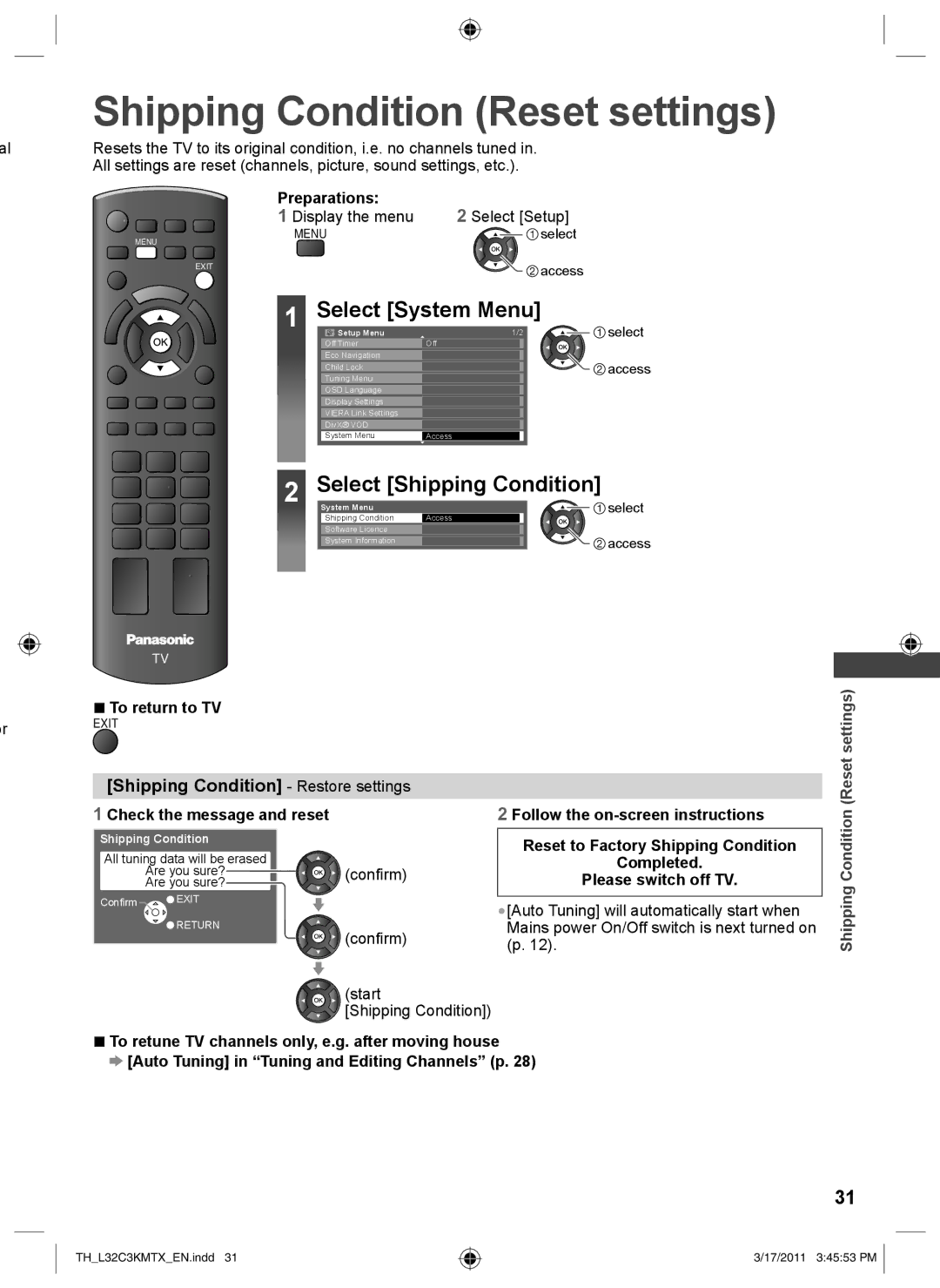 Panasonic TH-L32C3X Shipping Condition Reset settings, Shipping Condition Restore settings, Check the message and reset 