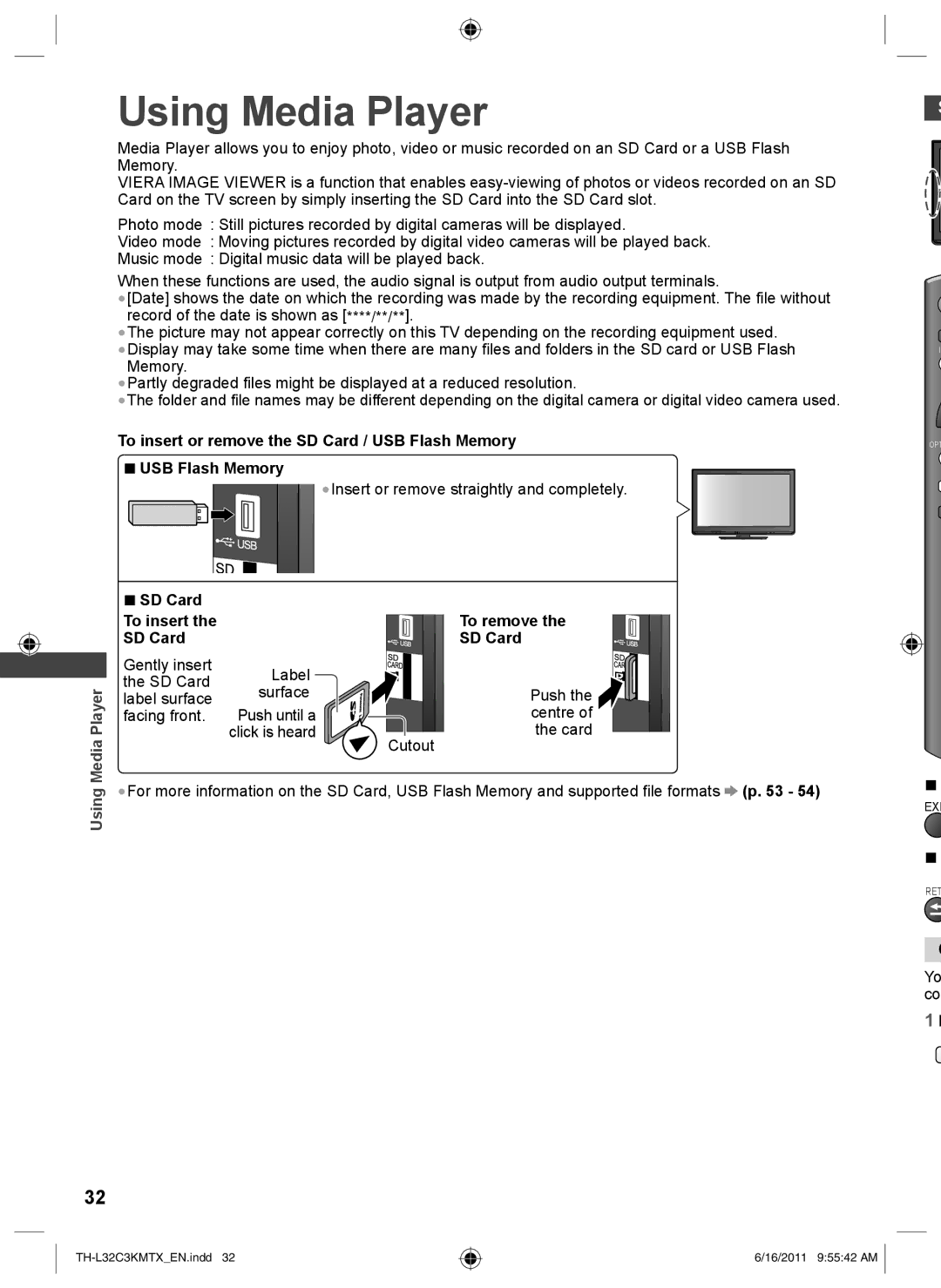 Panasonic TH-L32C3K Using Media Player, To insert or remove the SD Card / USB Flash Memory, SD Card To insert To remove 