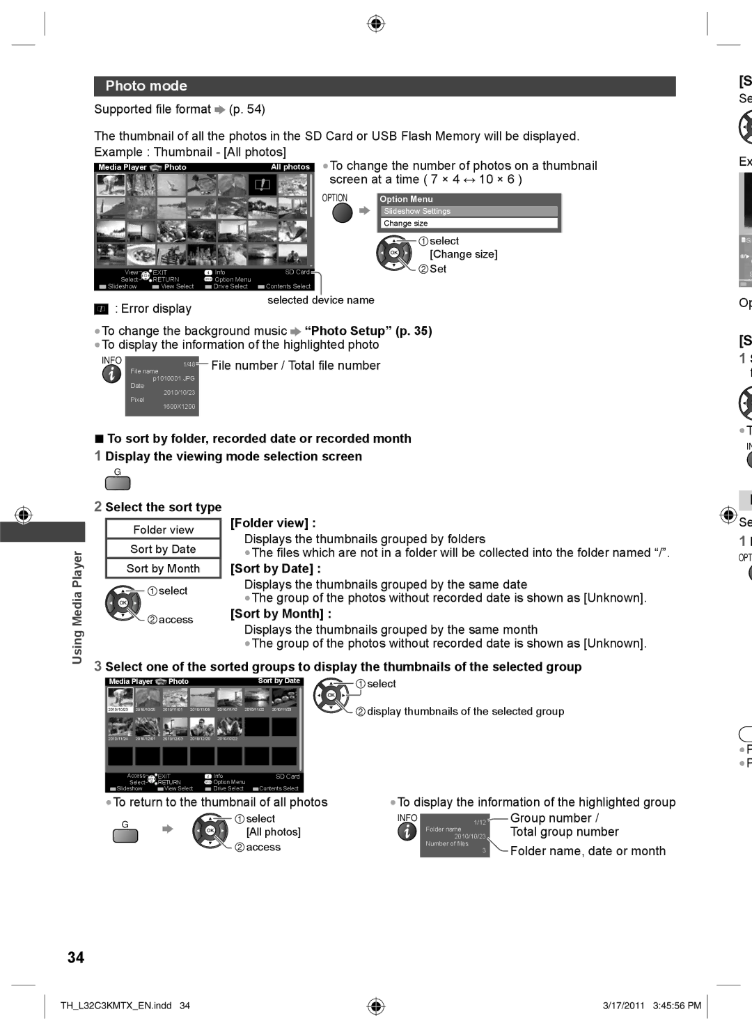 Panasonic TH-L32C3T, TH-L32C3K, TH-L32C3M, TH-L32C3X operating instructions Photo mode, Sort by Date, Sort by Month 