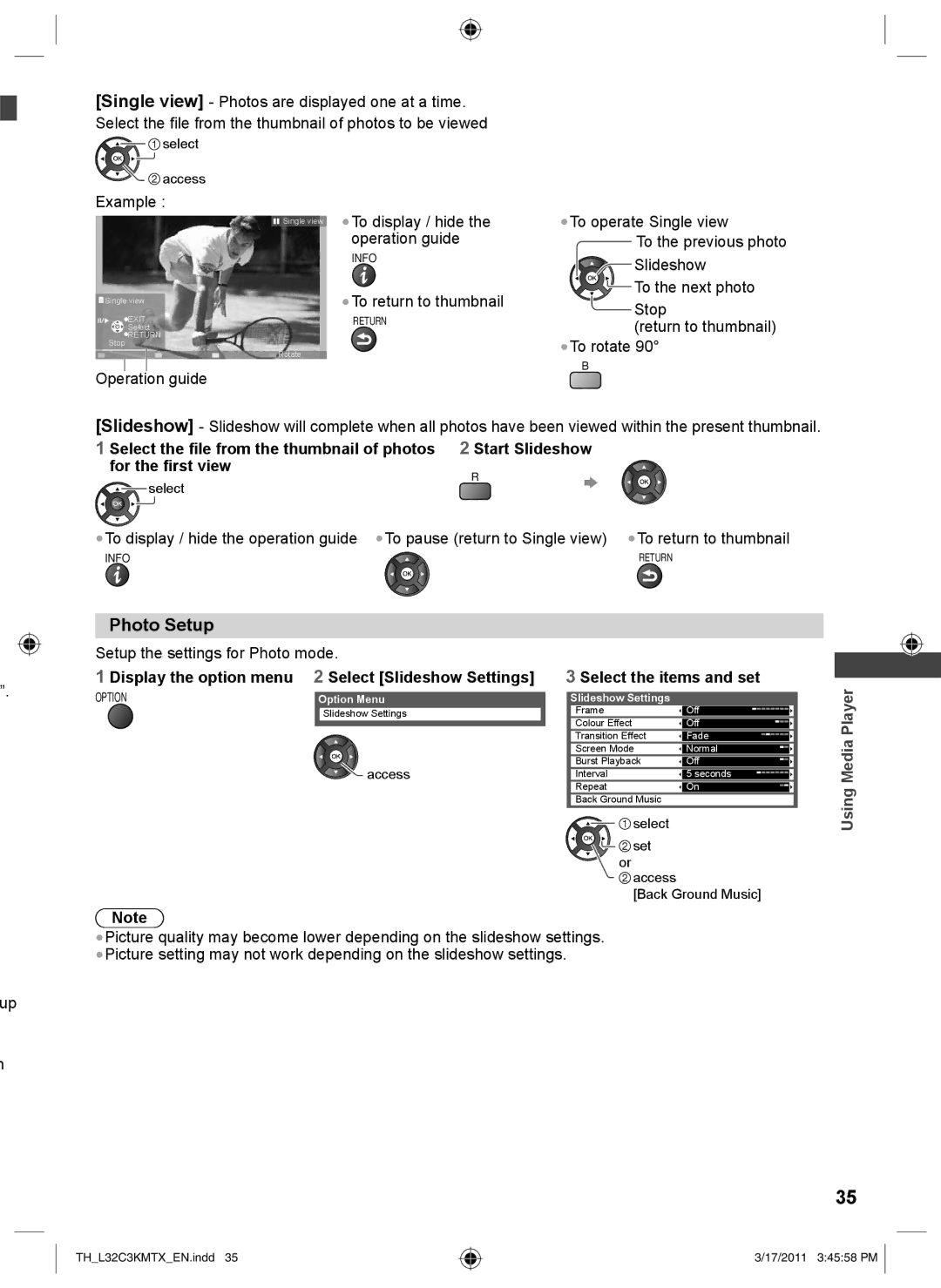 Panasonic TH-L32C3X, TH-L32C3K Photo Setup, Display the option menu 2 Select Slideshow Settings, Select the items and set 