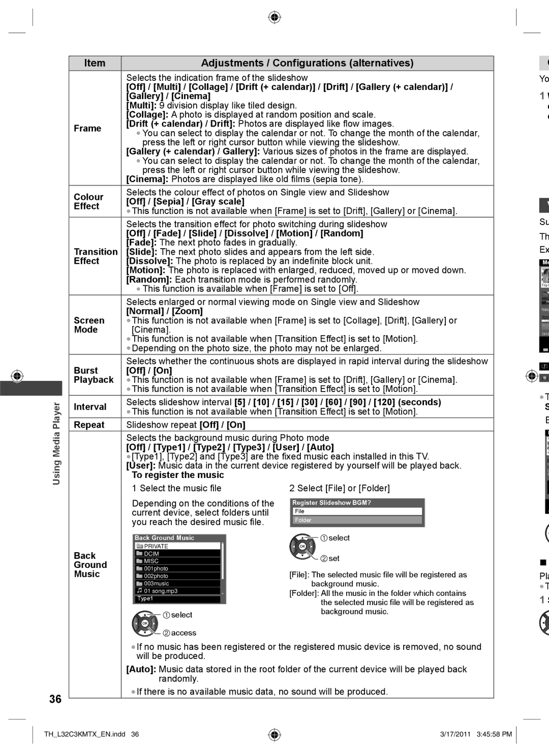 Panasonic TH-L32C3K, TH-L32C3M, TH-L32C3T, TH-L32C3X Adjustments / Configurations alternatives, Back, Ground, Music 