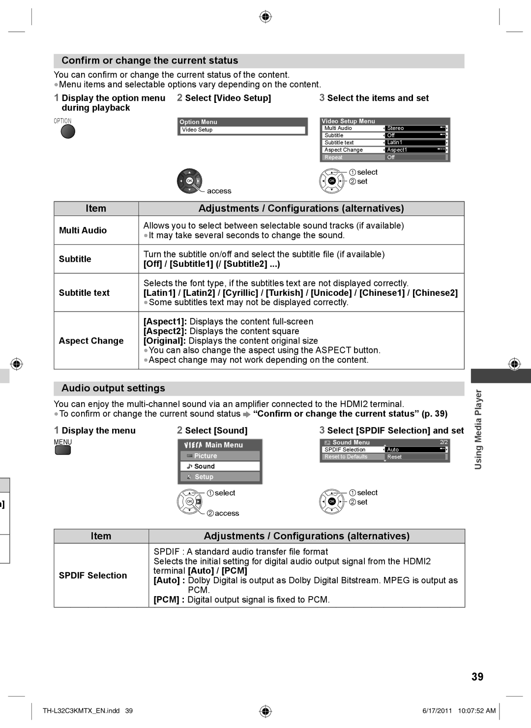 Panasonic TH-L32C3X, TH-L32C3K, TH-L32C3M, TH-L32C3T Confirm or change the current status, Audio output settings, Player 