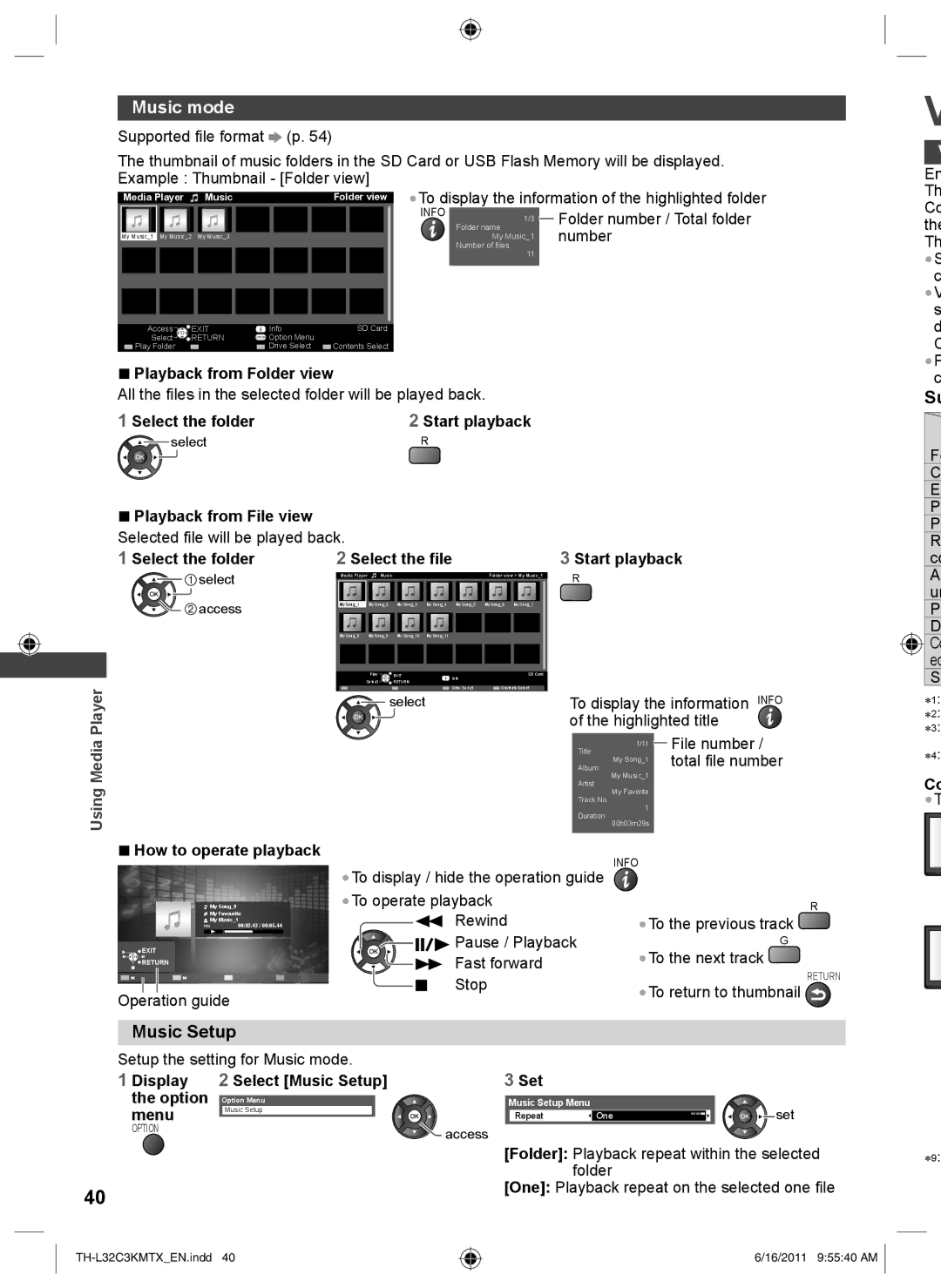 Panasonic TH-L32C3K, TH-L32C3M, TH-L32C3T Music mode, Music Setup, Select the folder Select the file Start playback 